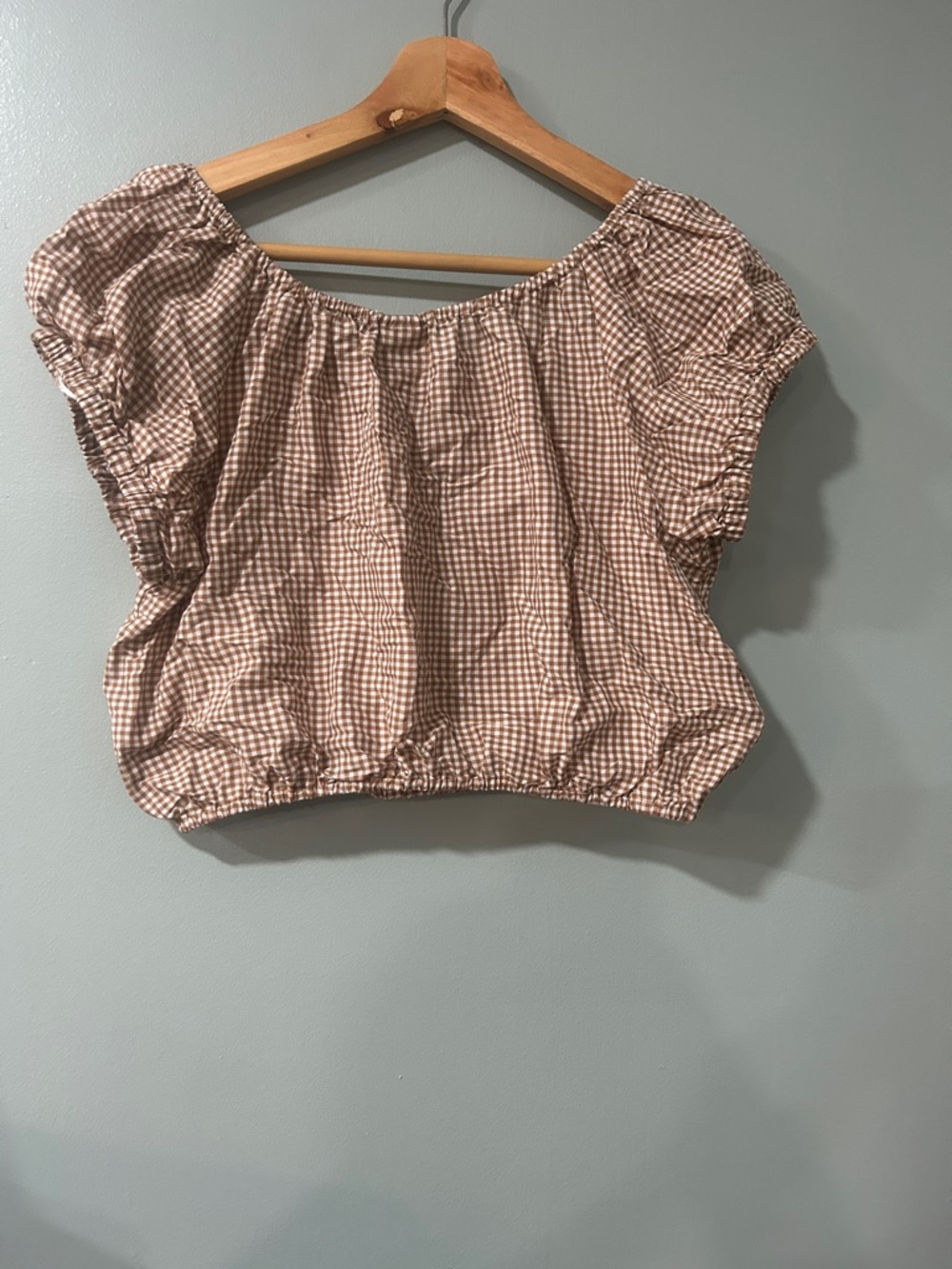 a new day Brown Gingham Puff Sleeve Crop Top with stretch measurements ⬇️ - Picture 6 of 6